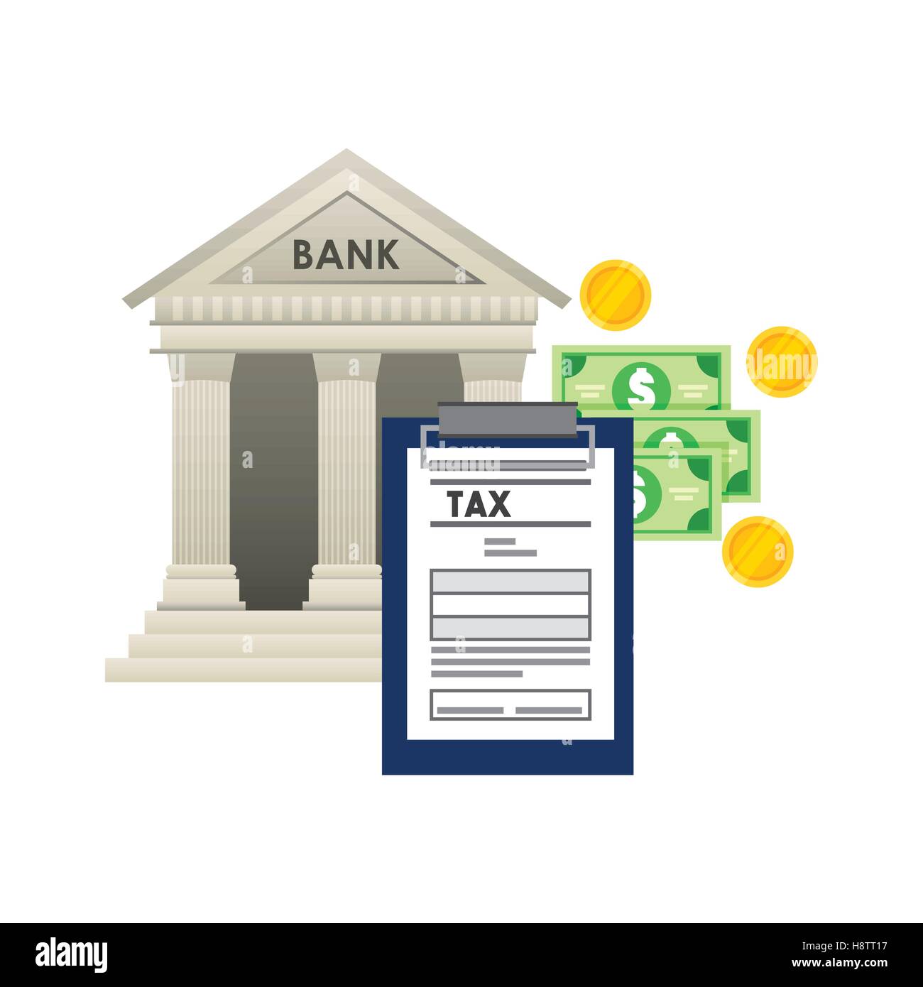 bank icon with tax documents and money bills and coins over white ...