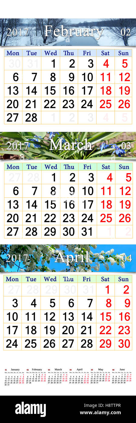 triple calendar for three months of 2017 with images of nature Stock Photo