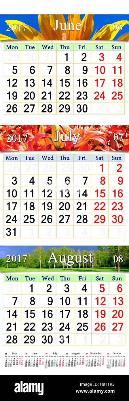 office calendar for three months June July and August 2017 with pictures of sunflower lilies and landscape Stock Photo