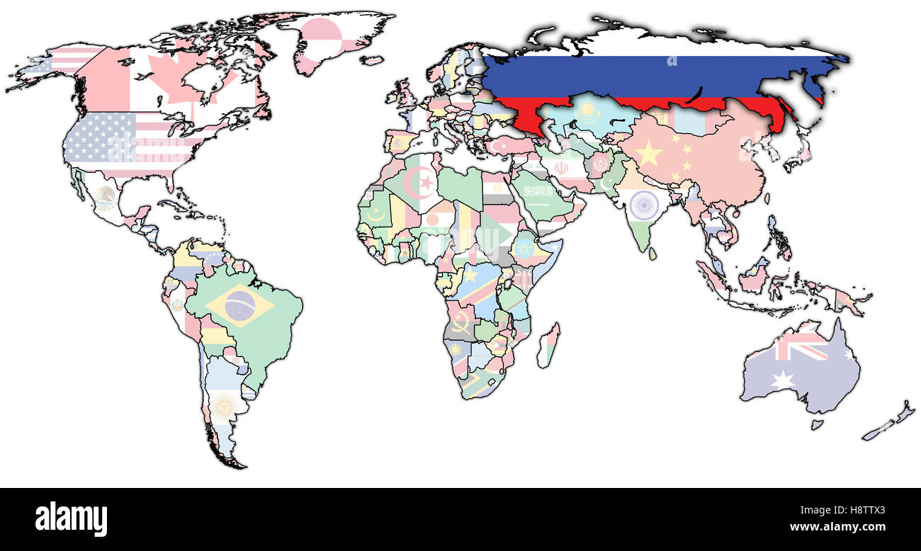 old political map of world with flag of russia Stock Photo