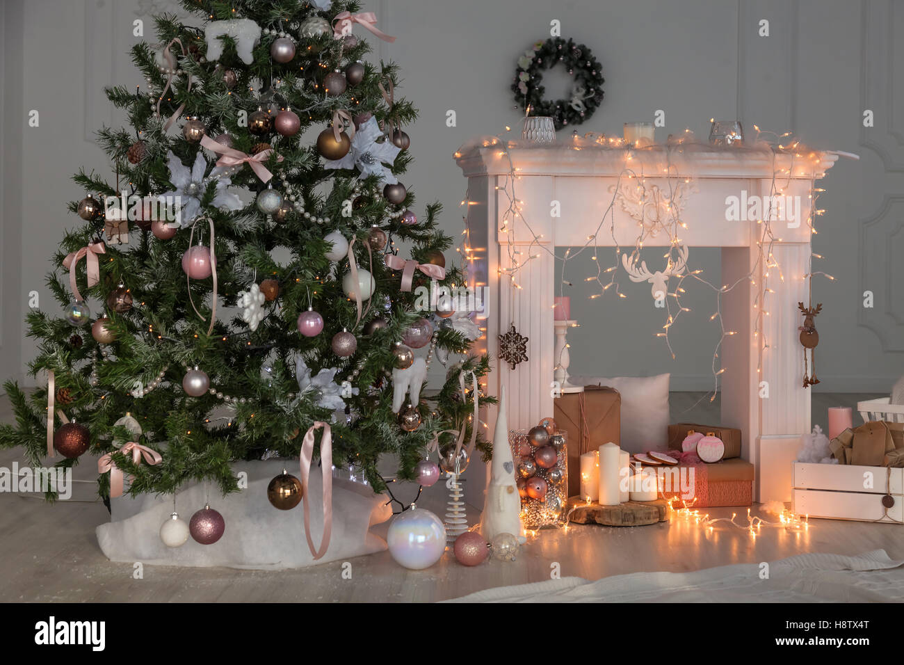 Happy New Year Christmas decor, Background, fireplace, tree. card ...