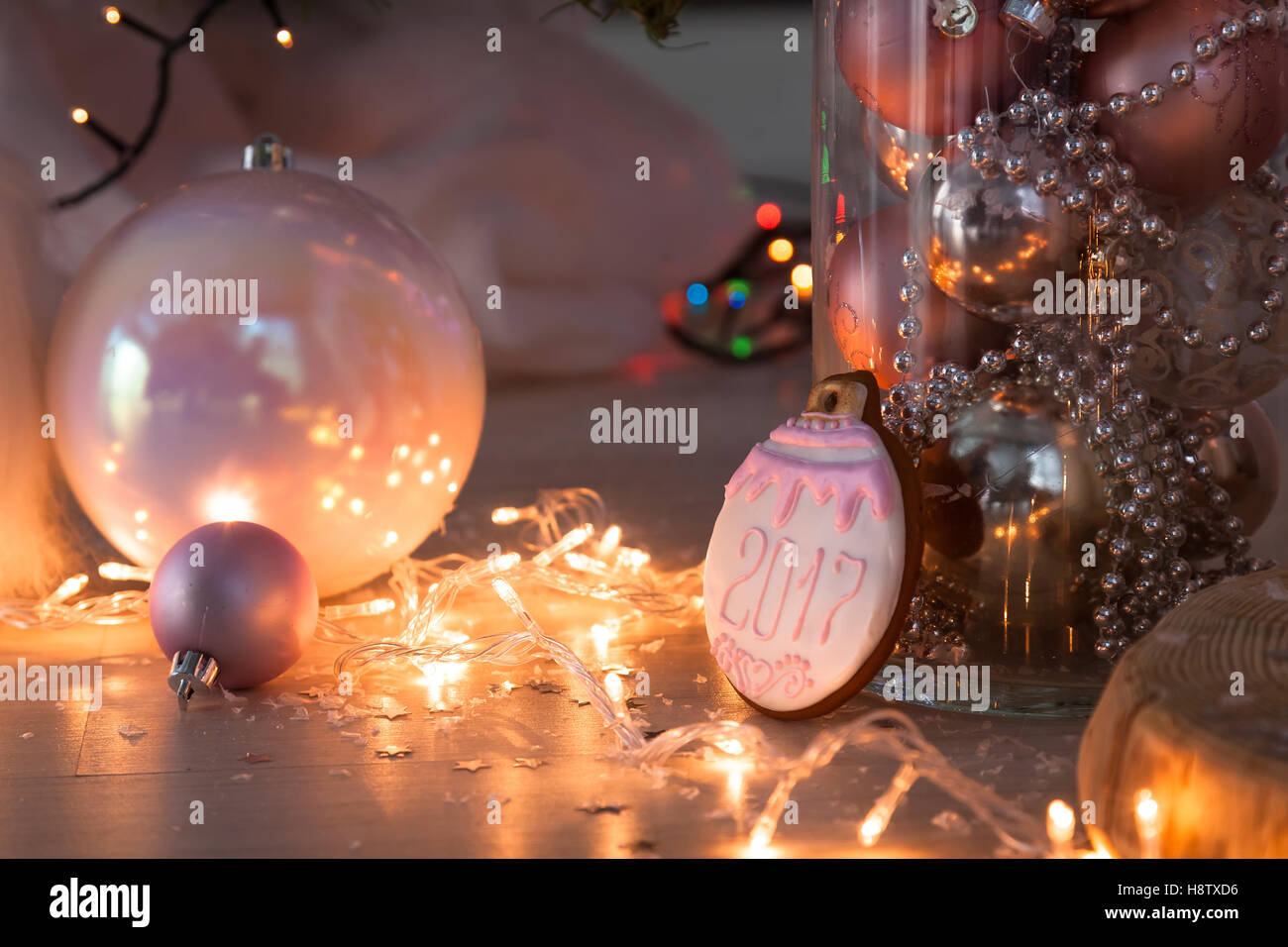 Christmas decorations and cookies on wooden background Stock Photo