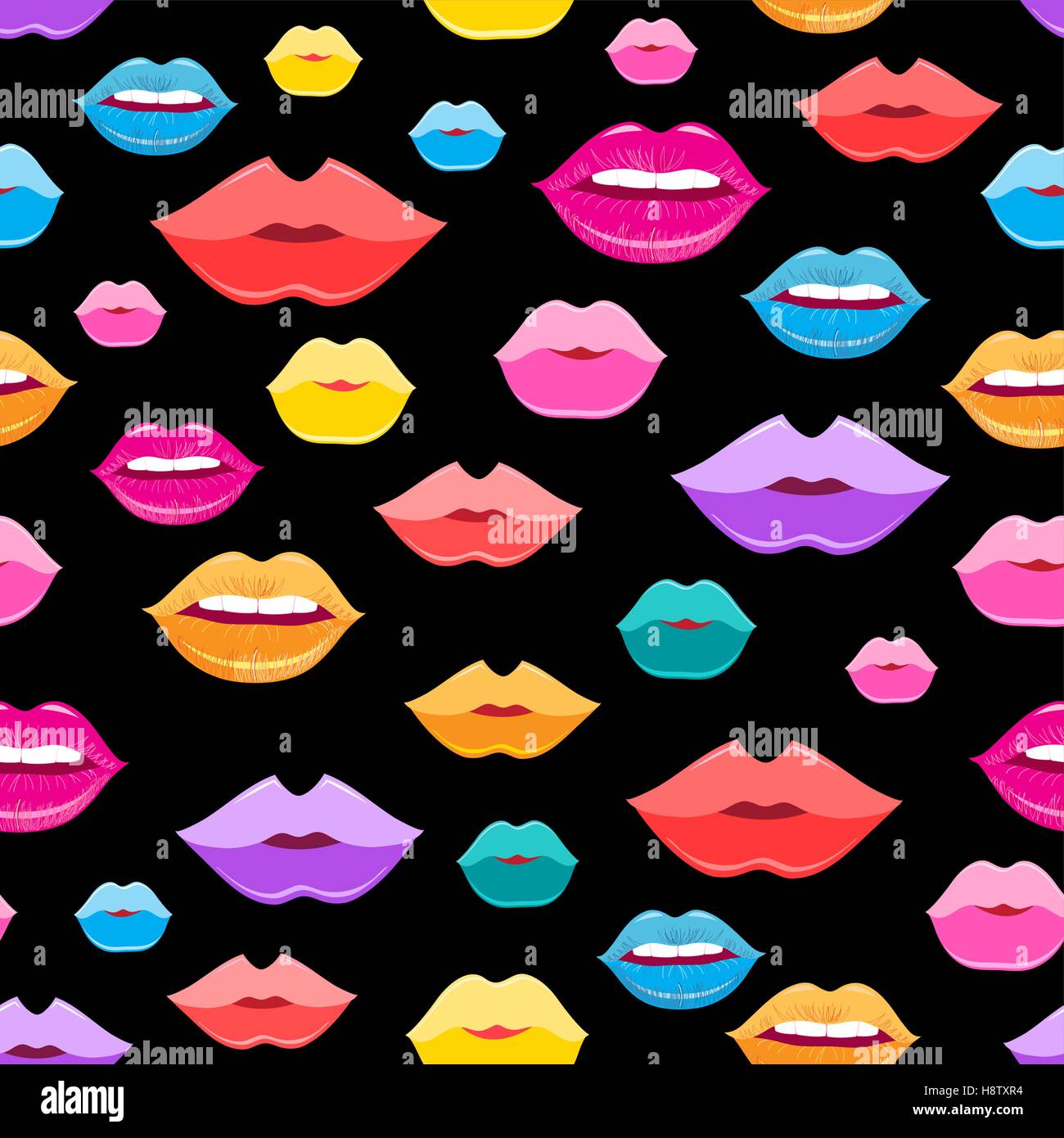 Bright vector pattern of colored lips on a dark background Stock Vector