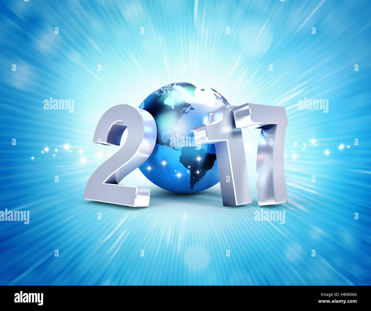 2017 New Year type composed with a blue planet earth, on a shiny blue background - 3D illustration Stock Photo