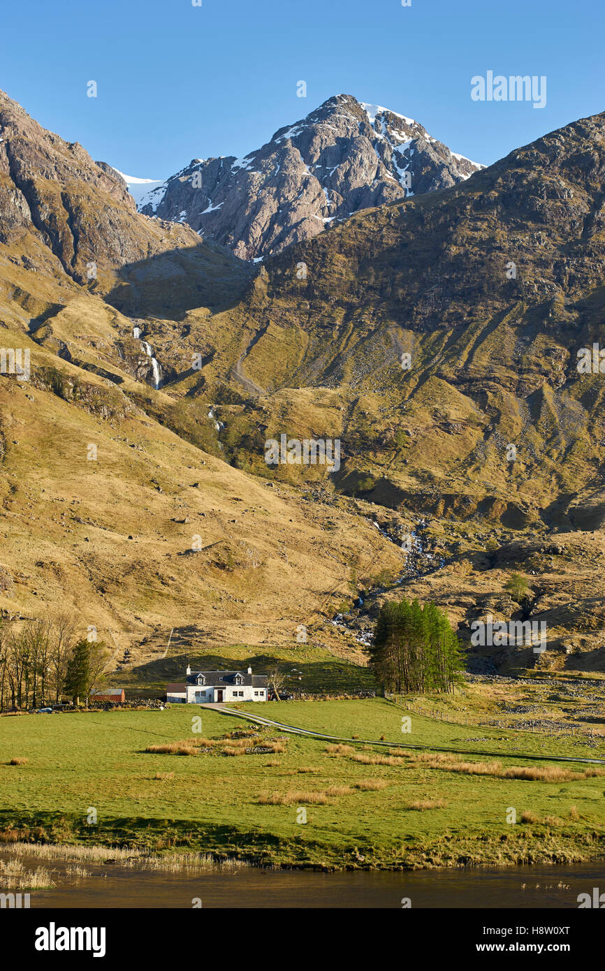 View of Achnambeithach, Glen Coe, Scotland, with mountain background of Stob Coire nam Beith of Bidean nam Bian Stock Photo