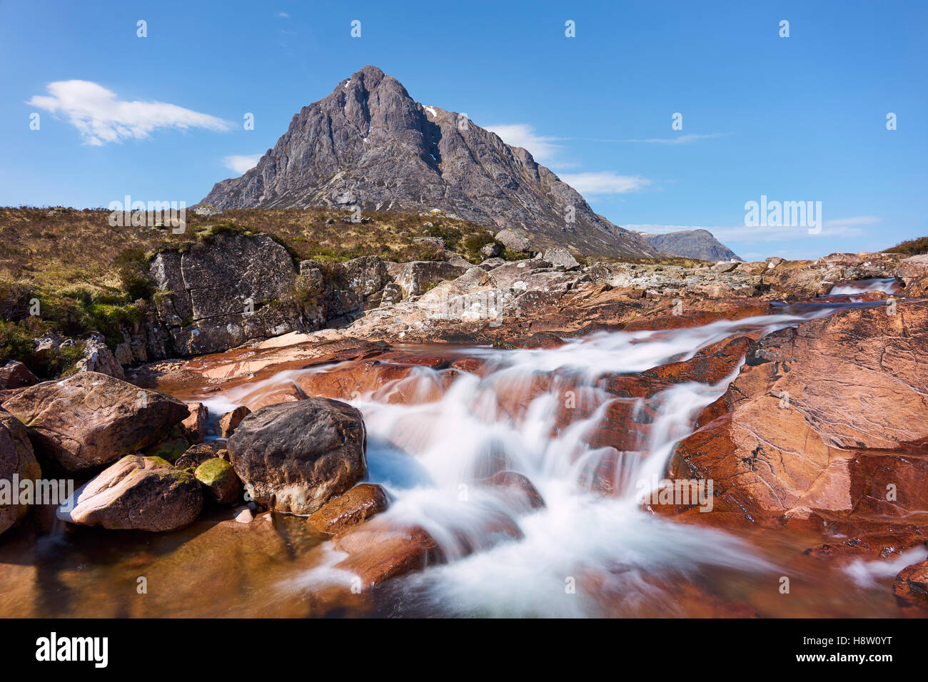 Buachaille Etive Mor and the River Coupall, Scotland.  Mountain and river scenery Stock Photo
