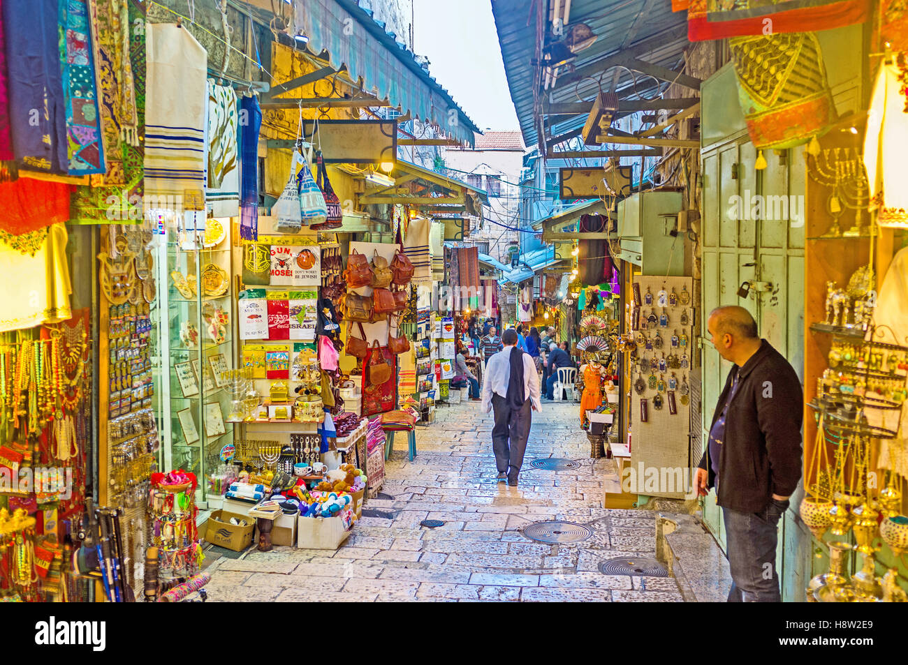 The stalls on King David street wait for the tourists and offer the different local souvenirs and crafts Stock Photo