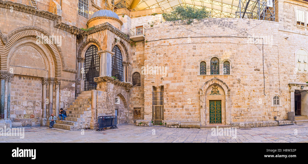 The courtyard of the Church of the Holy Sepulchre, is completely empty in the early morning Stock Photo