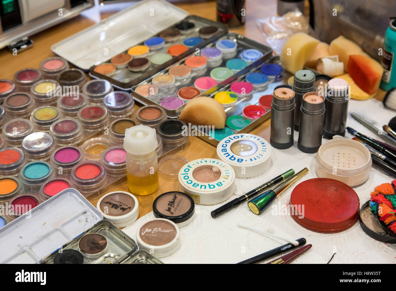 Makeup utensils, various colors, toner, a makeup artist, Stock Photo