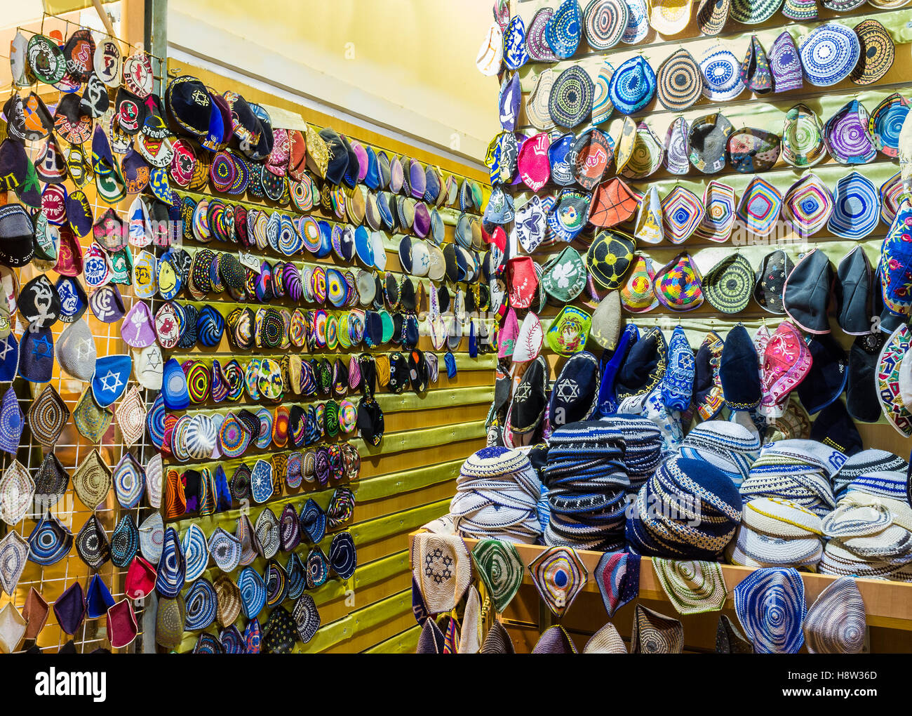 The souvenir skullcaps for each taste in the tourist stall in Ben Yehuda street, Jerusalem, Israel. Stock Photo