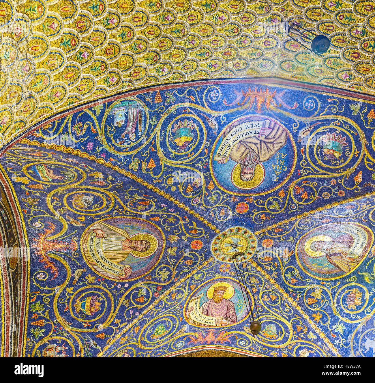 The colorful mosaic patterns and icons on cupola of the Latin Calvary ...