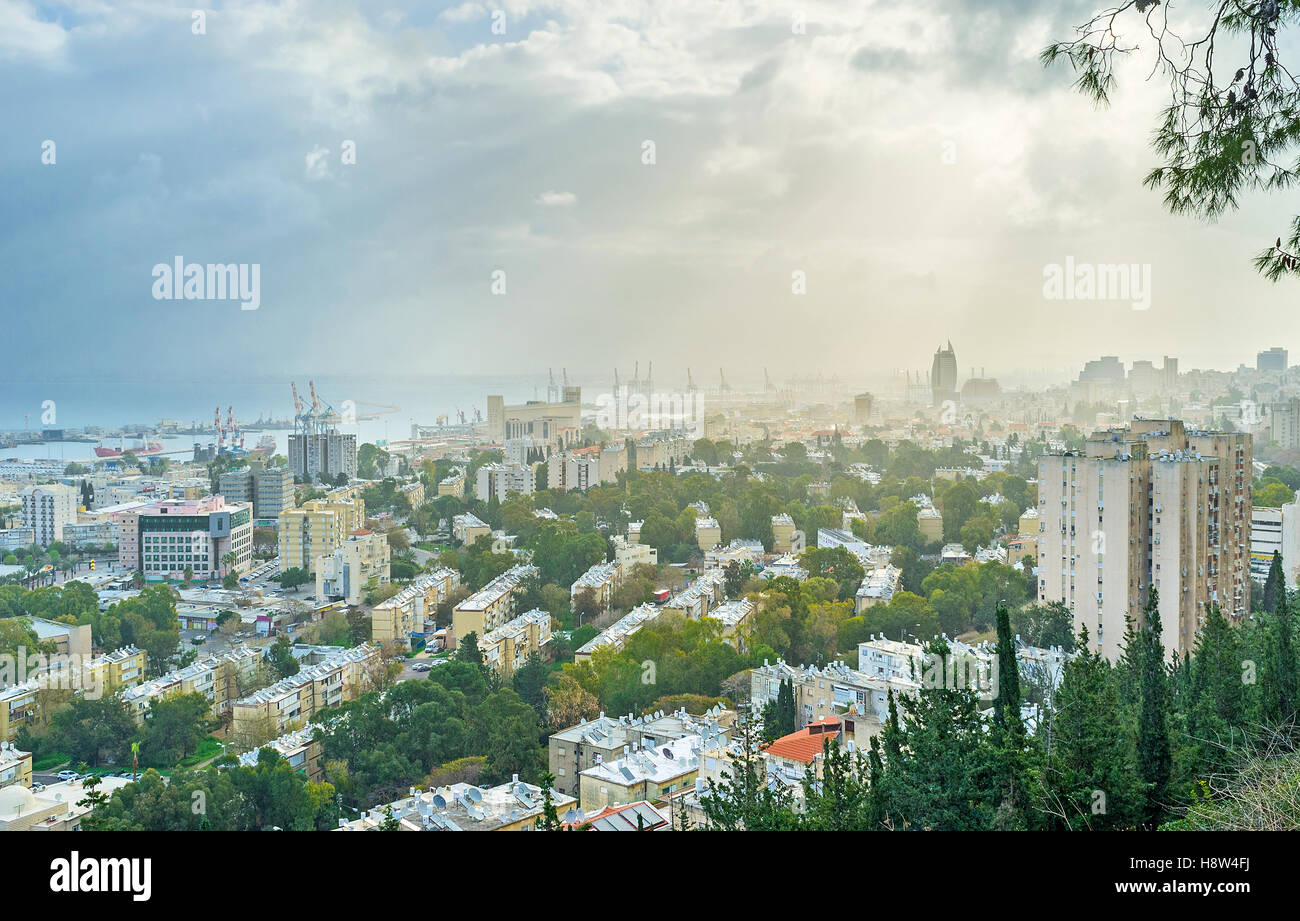 The cloudy sky and the light haze over Haifa in the early morning, Israel. Stock Photo