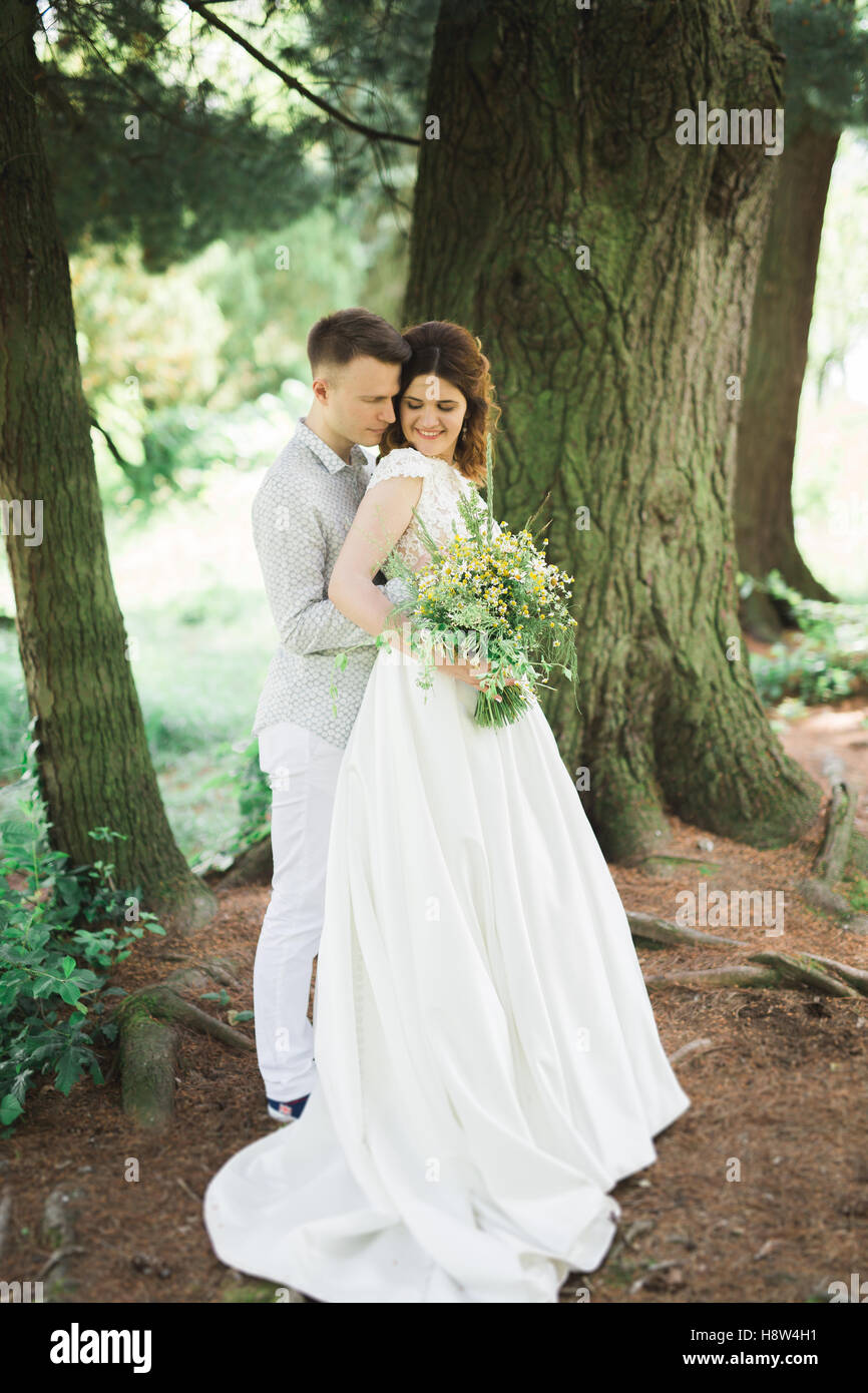 Romantic, fairytale, happy newlywed couple hugging and kissing in a ...