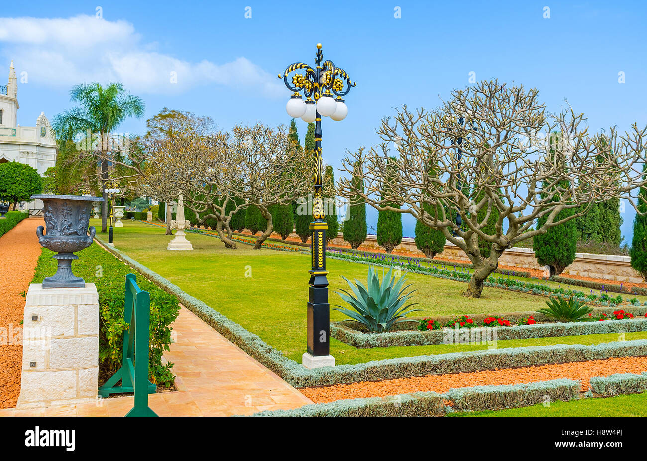The Bahai Garden boasts beautiful park sculptures and old style