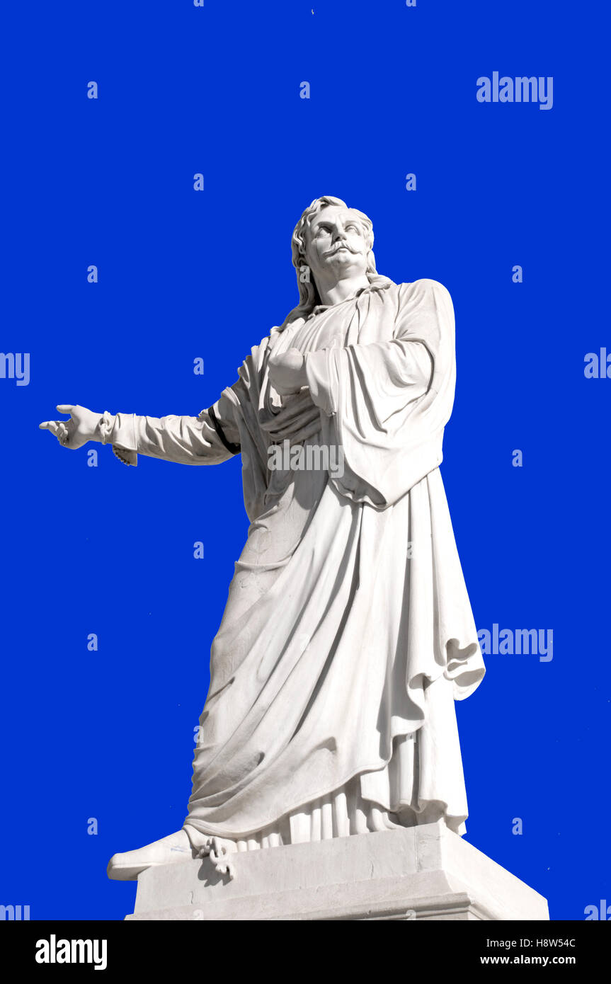 Statue Of Rigas Feraios (1757-1798) at the University of Athens, Athens, Greece on blue background Stock Photo