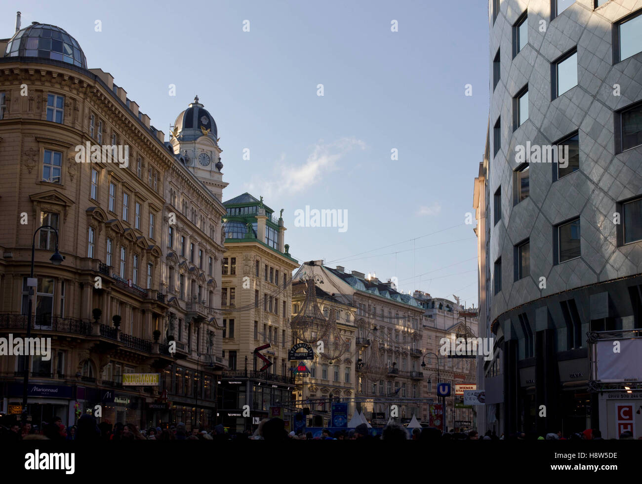 VIENNA, AUSTRIA - DECEMBER 31 2015: Graben street buildings and shops in Vienna at day time from Stephanplatz Stock Photo
