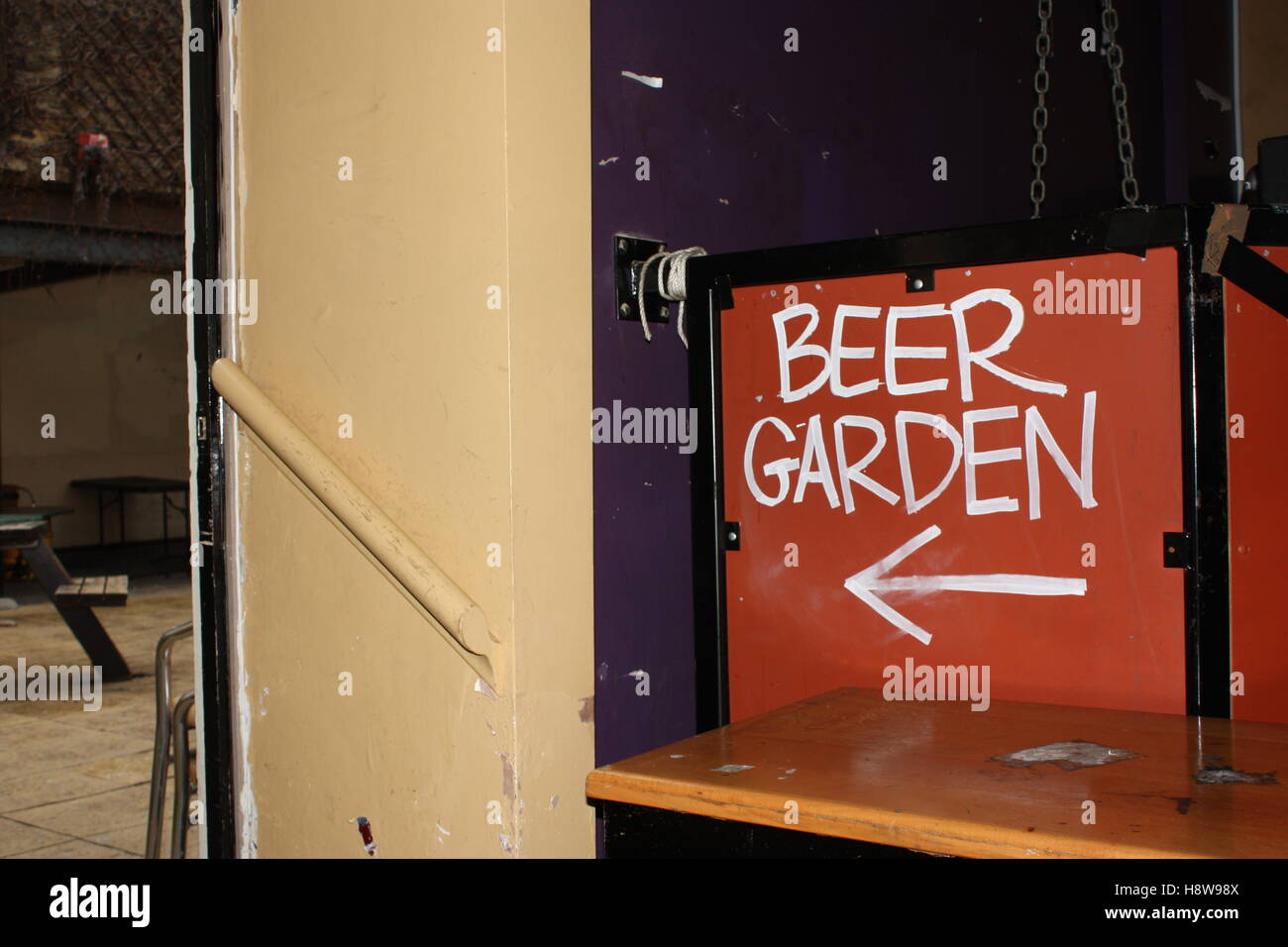 Sign to the beer garden in a South East London pub (which is now closed down). Stock Photo