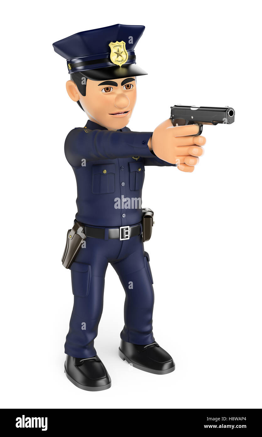 3d security forces people illustration. Policeman aiming a gun. Isolated white background. Stock Photo