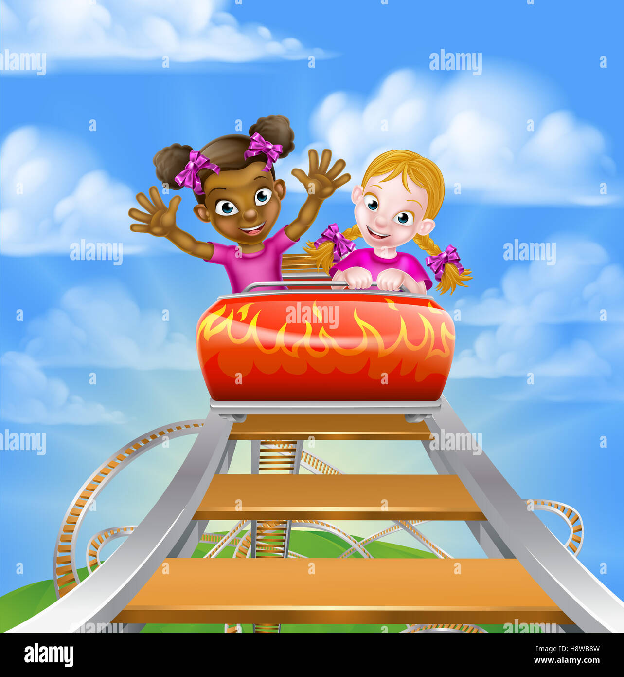 Cartoon girls riding on a roller coaster ride at a theme park or amusement park Stock Photo