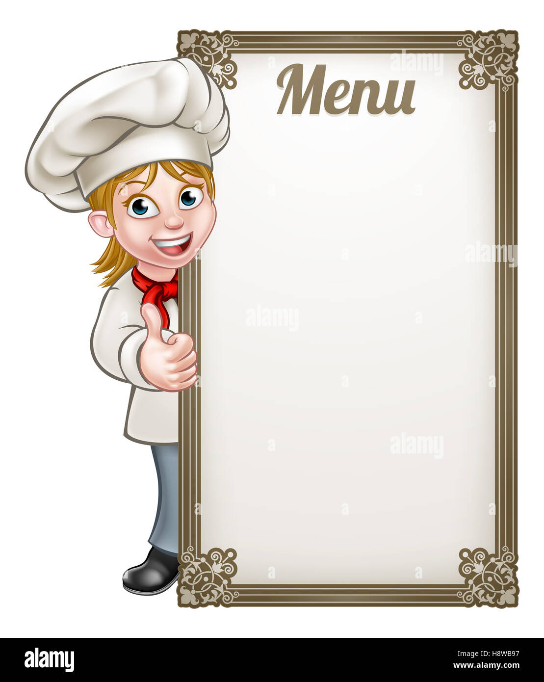 Cartoon female woman chef or baker character giving thumbs up with menu sign board Stock Photo