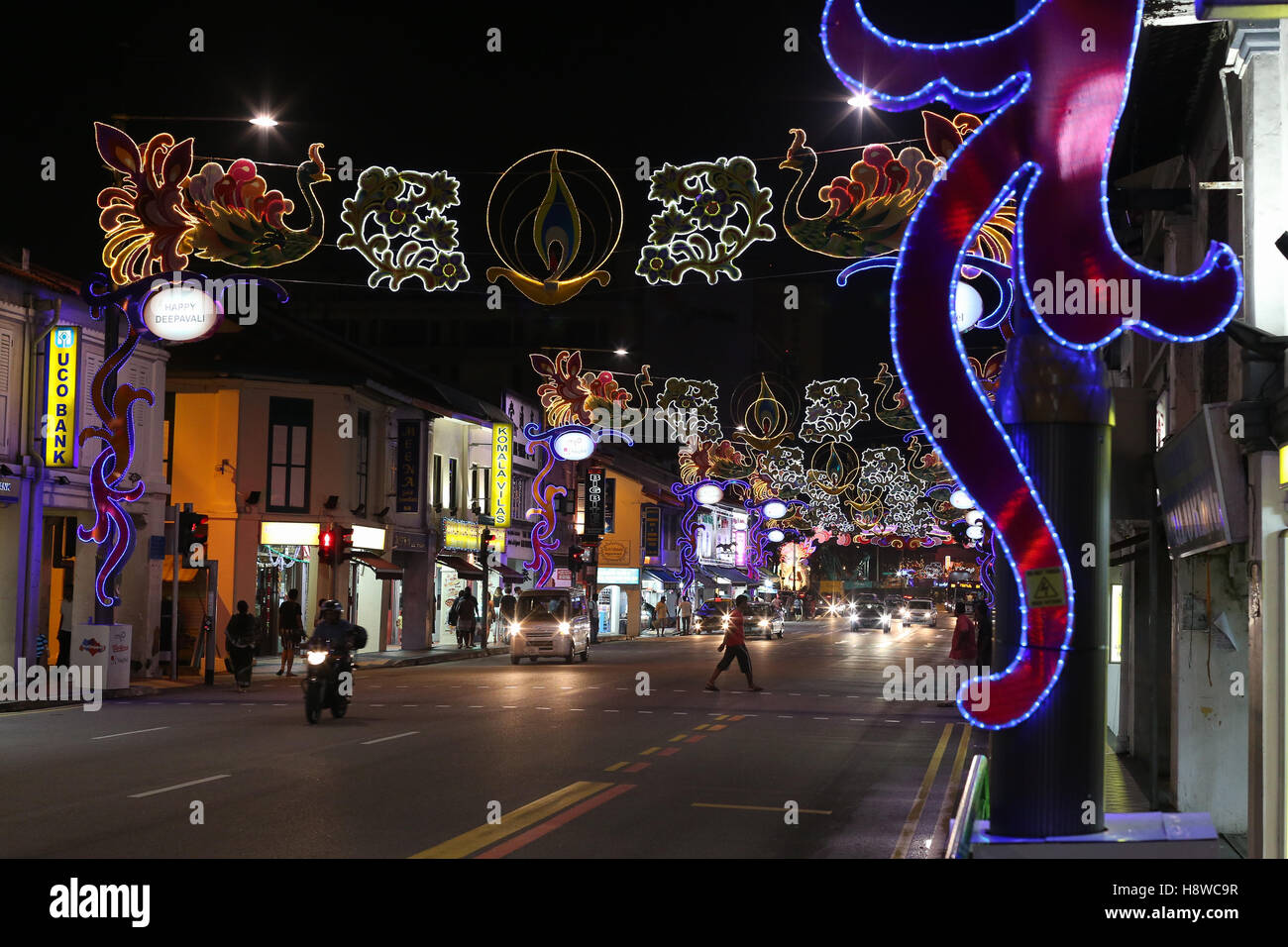 View of the street LIttle India with colorful decoration. Stock Photo