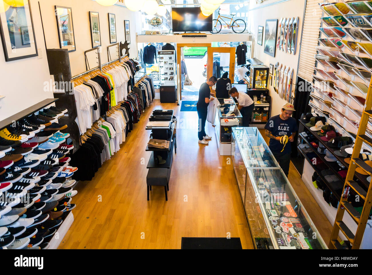 San Francisco, CA, USA, Inside, Sports Clothing Store, 'For the City' (FTC), Fillmore, Pacific Heights, High Angle, Sporting goods Stock Photo