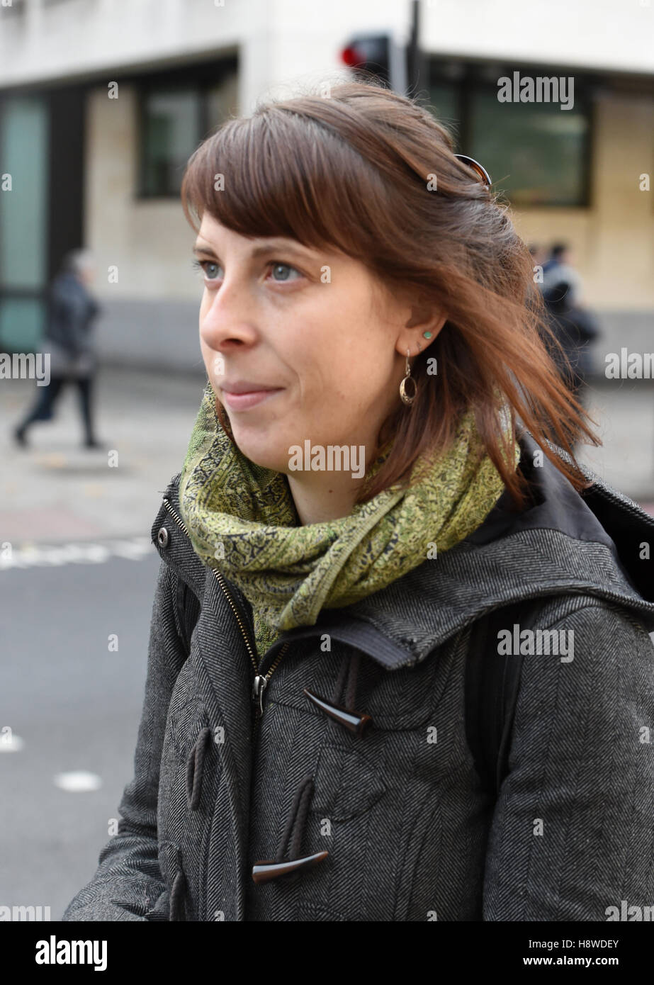 Greenpeace activist Alison Garrigan leaves Westminster Magistrates Court, London after she and Luke Jones were each given a six-month conditional discharge and ordered to pay costs of &Acirc;£85, and a victim surcharge of &Acirc;£30 when they climbed Nelson's Column in London's Trafalgar Square last April to highlight air pollution in Britain. Stock Photo