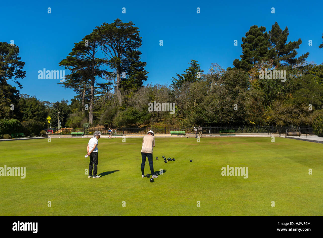 San Francisco, CA, USA, Senior Women Playing Lawn Bowling, Bocce Ball Game, Golden Gate Park, Grassy Field Stock Photo