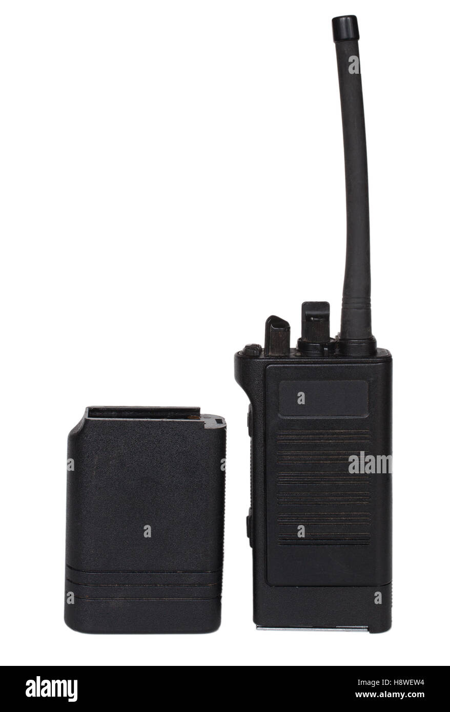 Walkie talkie isolated with its battery pack removed Stock Photo
