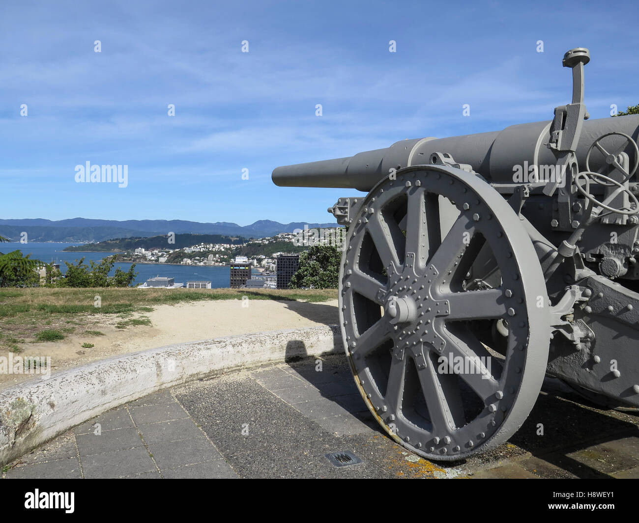 View of Wellington from the Dominion Observatory featuring the Fried Krupp AG gun Stock Photo
