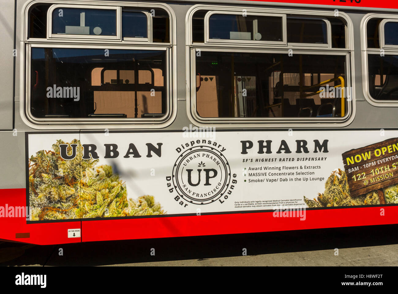 San Francisco, CA, USA, Detail, American Outdoor Advertising Poster on Trolley, Street Car, Side, Medical Marijuana, 'Urban Pharm' Stock Photo