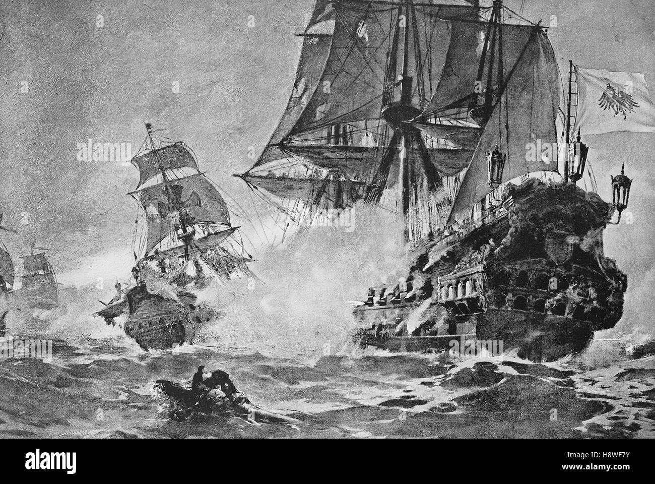 the Brandenburger attacking the Spanish treasure fleet, Island of St. Vincent, 1681 Stock Photo