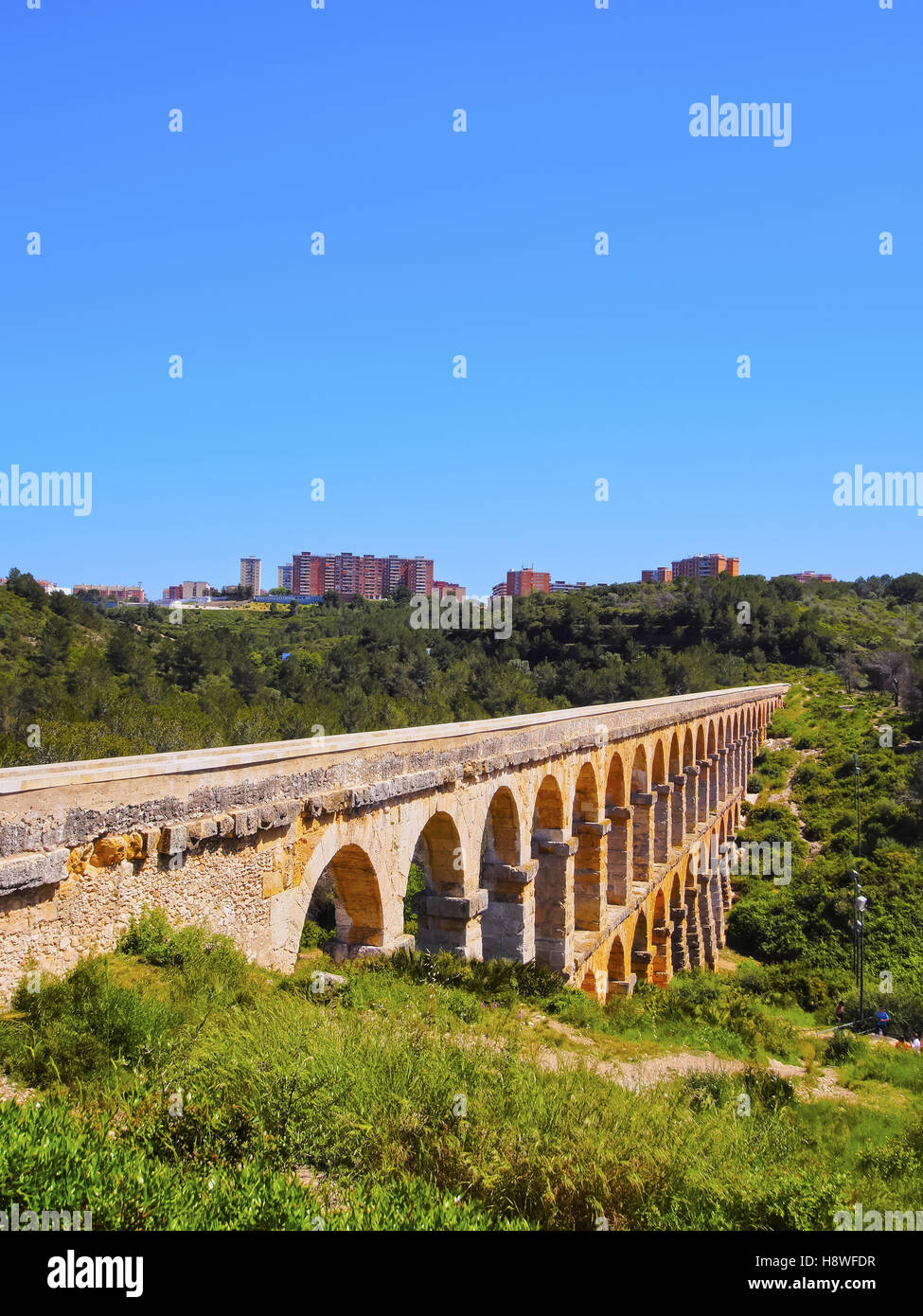 Spain, Catalonia, Tarragona, View of the Les Ferreres Aqueduct. Stock Photo
