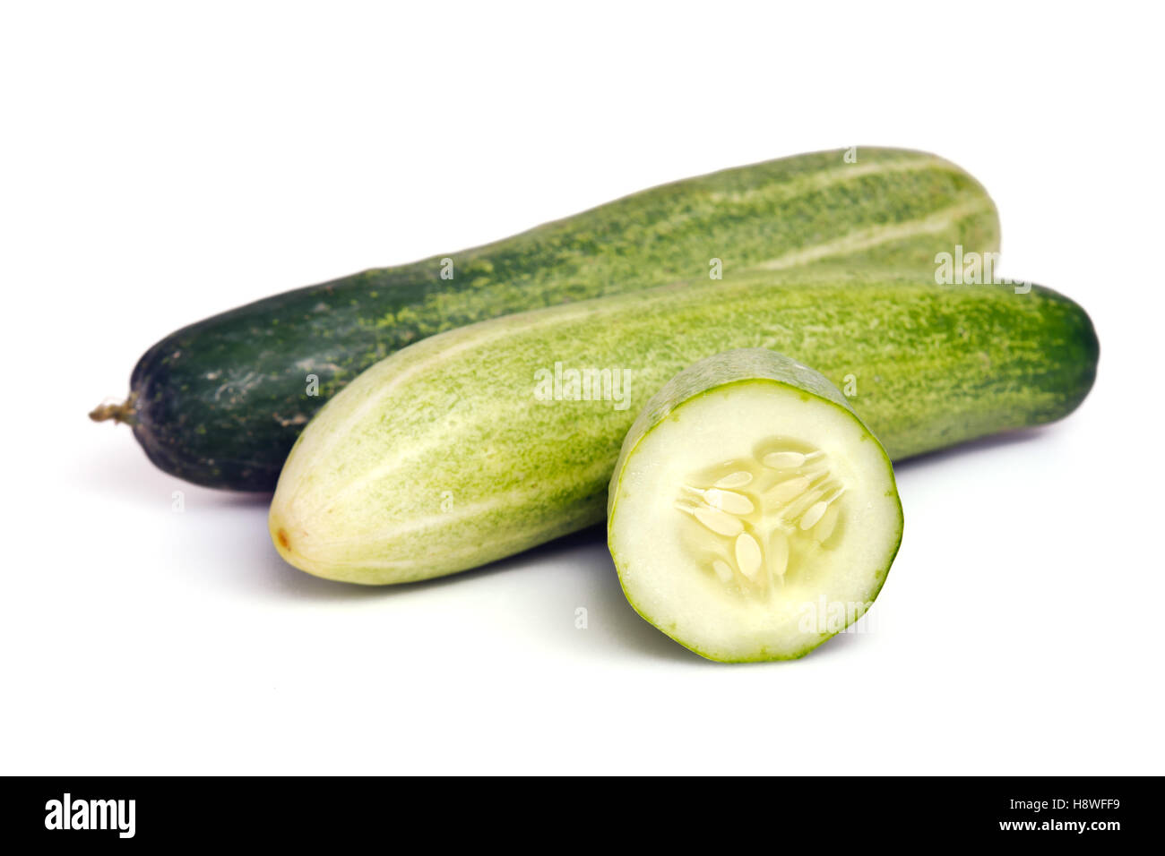 Fresh cucumber (also named as Cucumis sativus, cucurbitaceae, Cucumis cucumber, or wild cucumber) isolated on white background Stock Photo