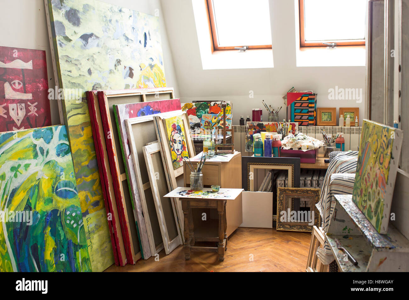 Art Studio With Paintings And Painting Materials Stock Photo Alamy