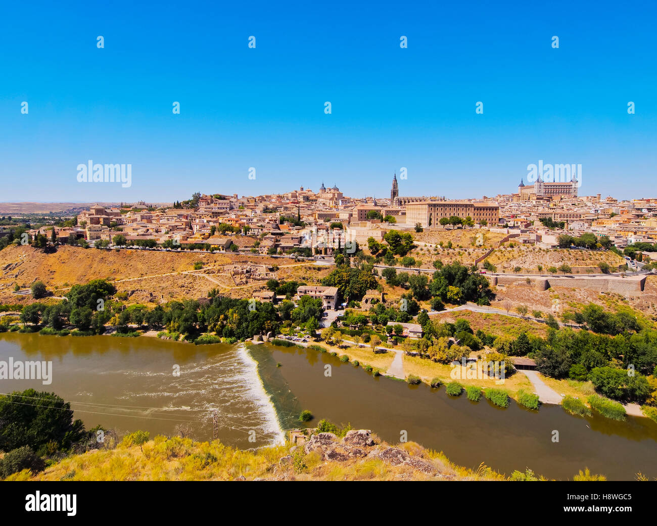 Spain, Castile La Mancha, Toledo, View over the Tagus River towards the Old Town. Stock Photo