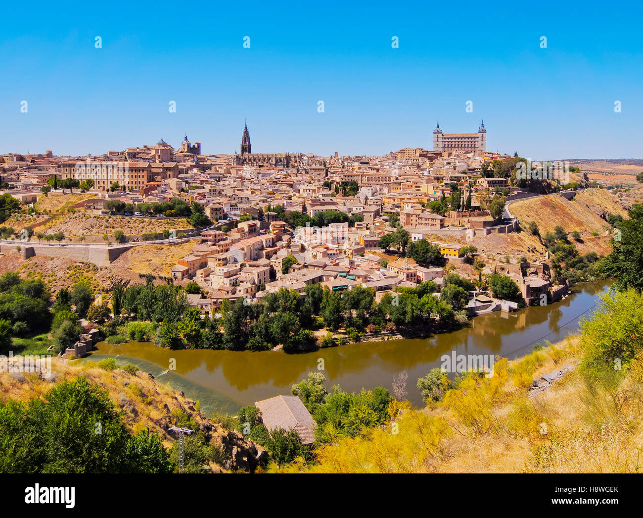 Spain, Castile La Mancha, Toledo, View over the Tagus River towards the Old Town. Stock Photo