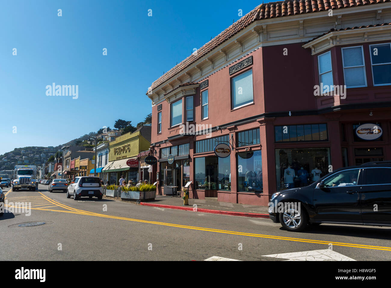 Sausalito, CA, USA, Main Street Scene, San Francisco Suburb, Shops, Bridgeway Cafe, Store Fronts, suburban street, row of shops Stock Photo