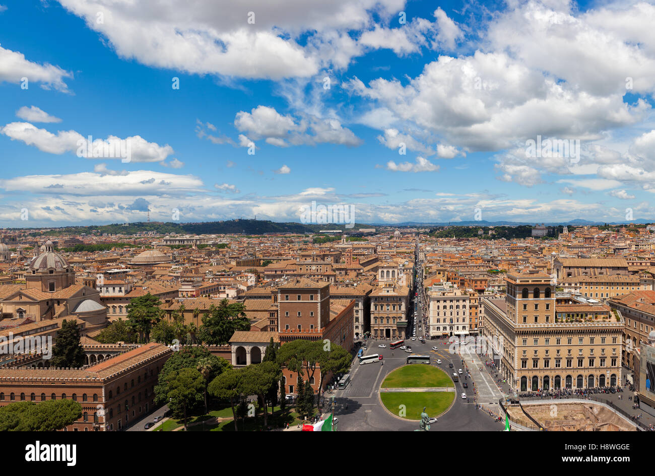 Aerial panoramic view of central Rome from the Vittoriano Monument with Piazza Venezia and Palazzo Venezia in foreground Stock Photo