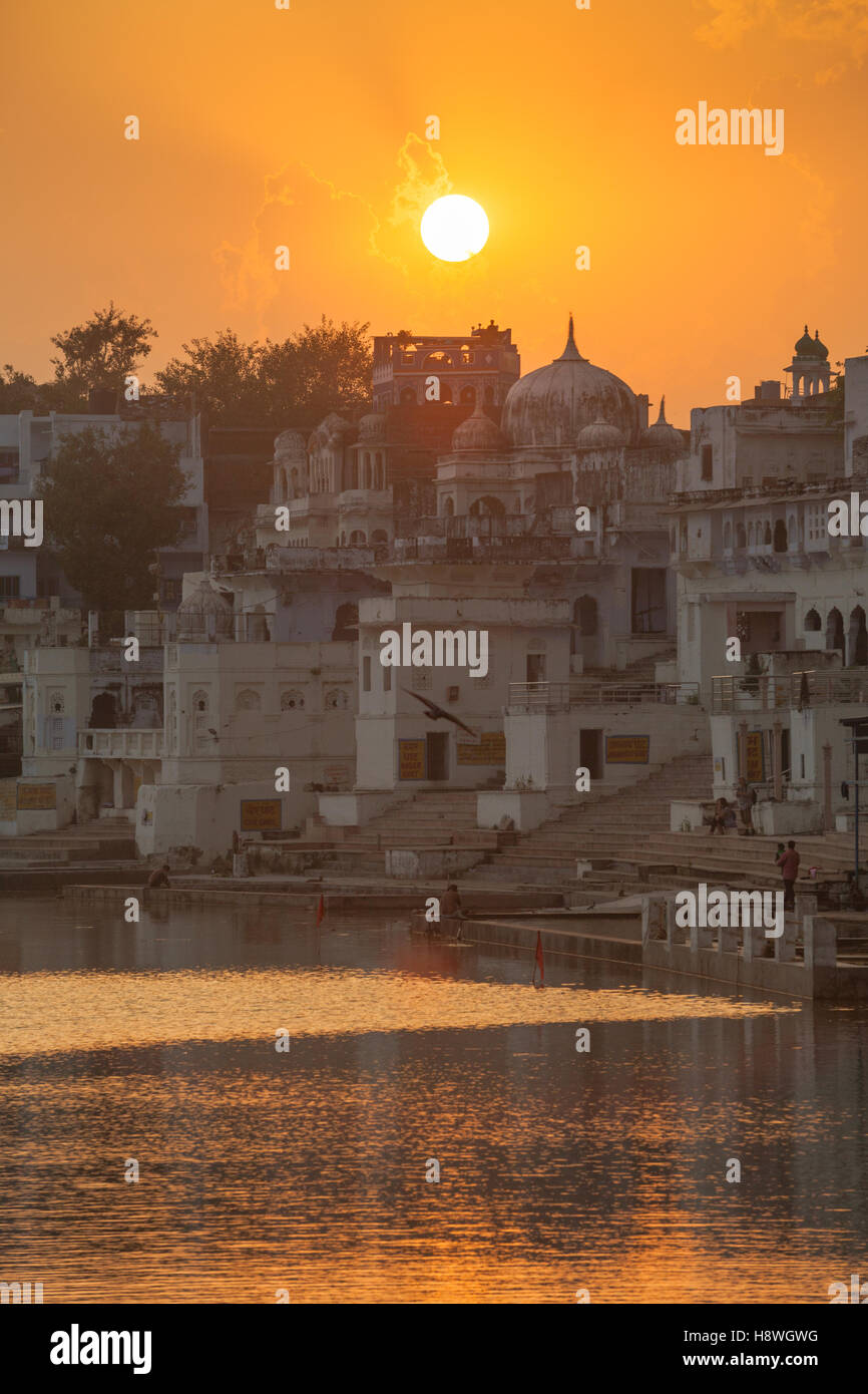 Sunset over the town of Pushkar, Ajmer, Rajasthan, India. Stock Photo