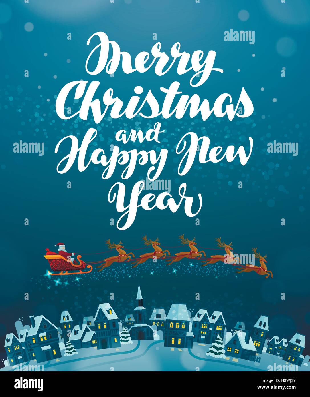 Christmas vector. Flying Santa on sleigh pulled by reindeer Stock Vector