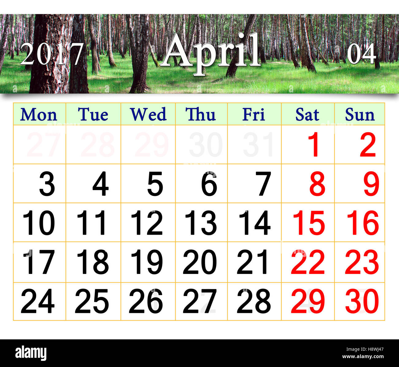 calendar for April 2017 with spring green grove Stock Photo