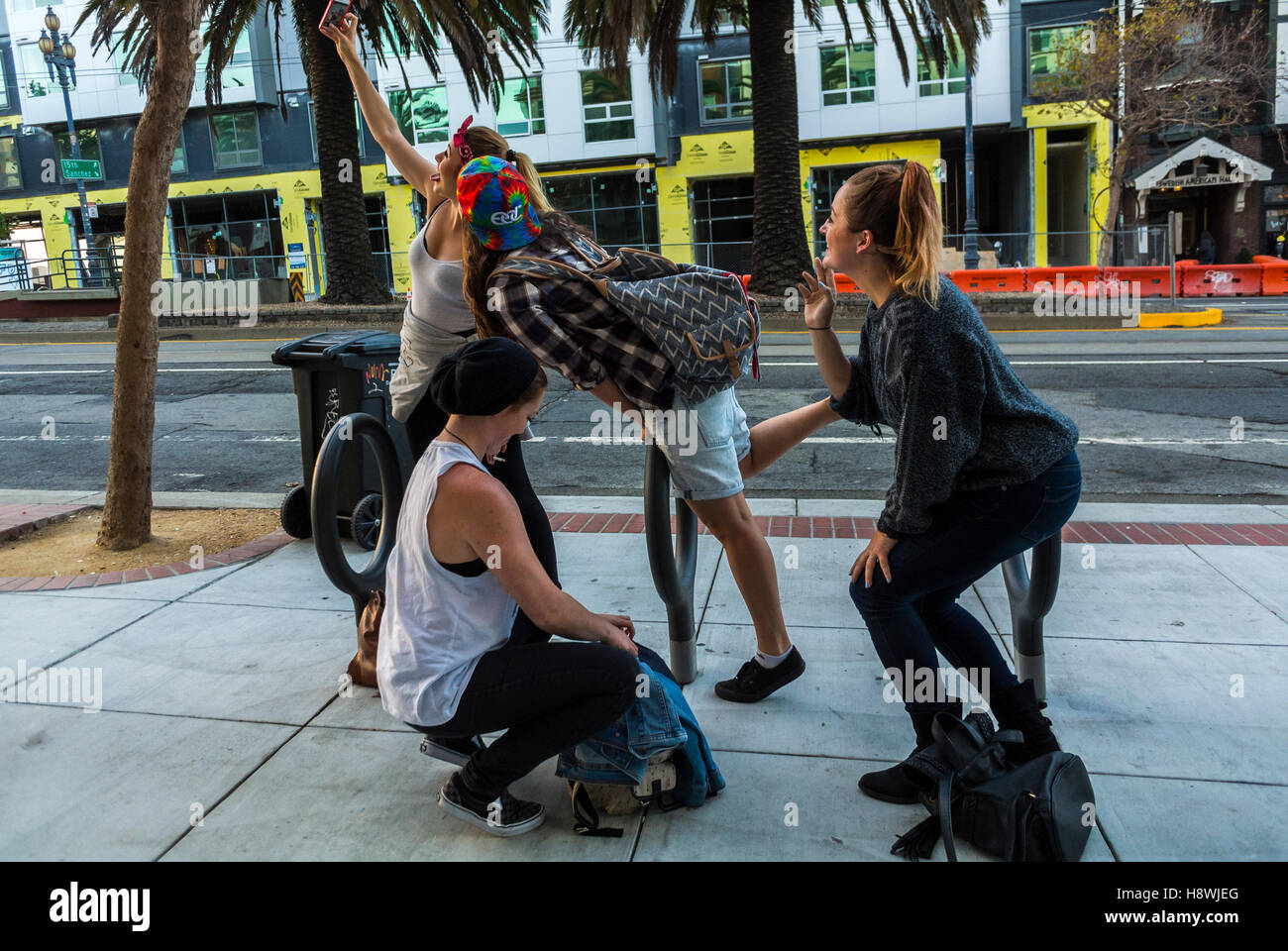 San Francisco, CA, USA, Group of Women Taking Selfies Photos on Sidewalk in Gay Neighborhood, the Castro, Street Scenes, Local neighbourhoods Stock Photo