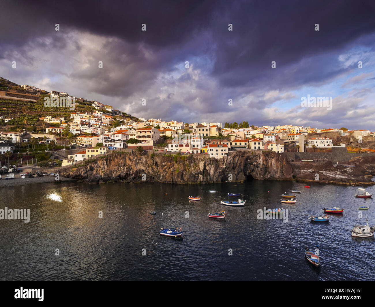 Portugal, Madeira, View of the fishermen port in the Camara de Lobos. Stock Photo