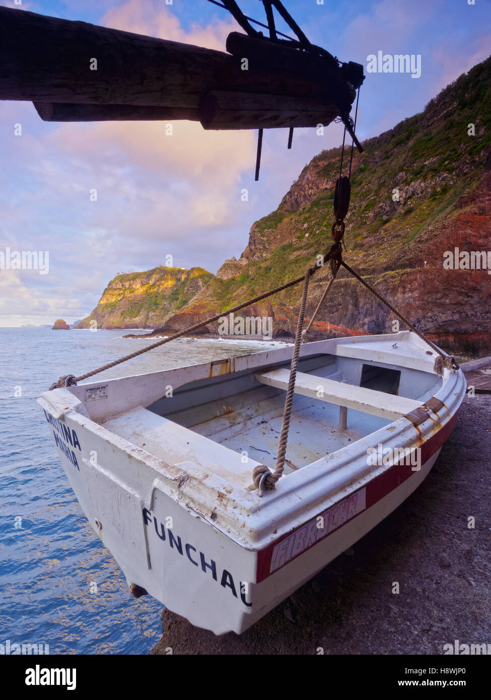 Portugal, Madeira, Fisherman boat on the cliffs of Sao Jorge. Stock Photo