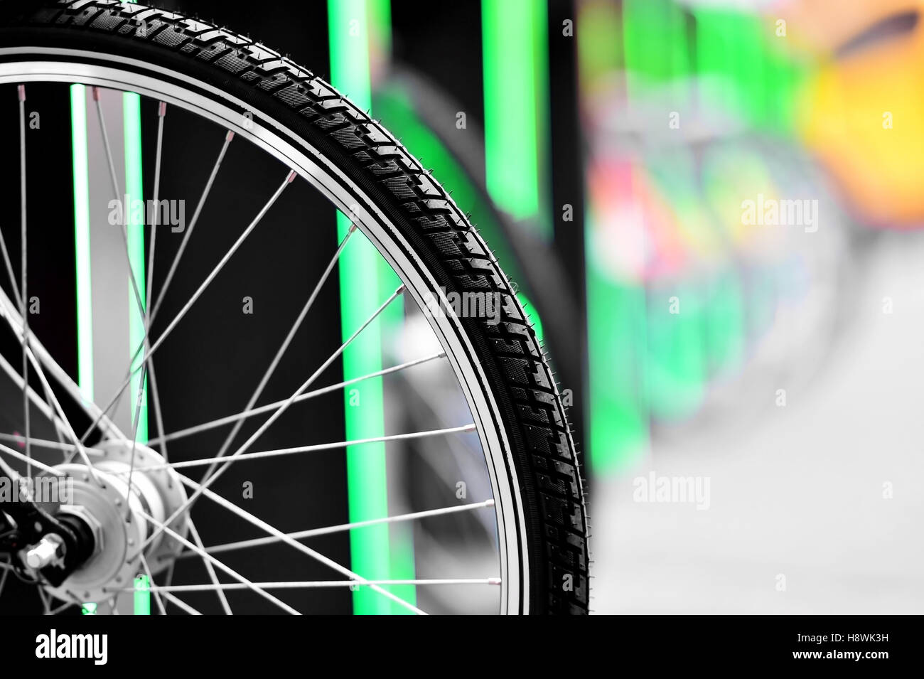 Urban bicycle sharing system wheel detail Stock Photo