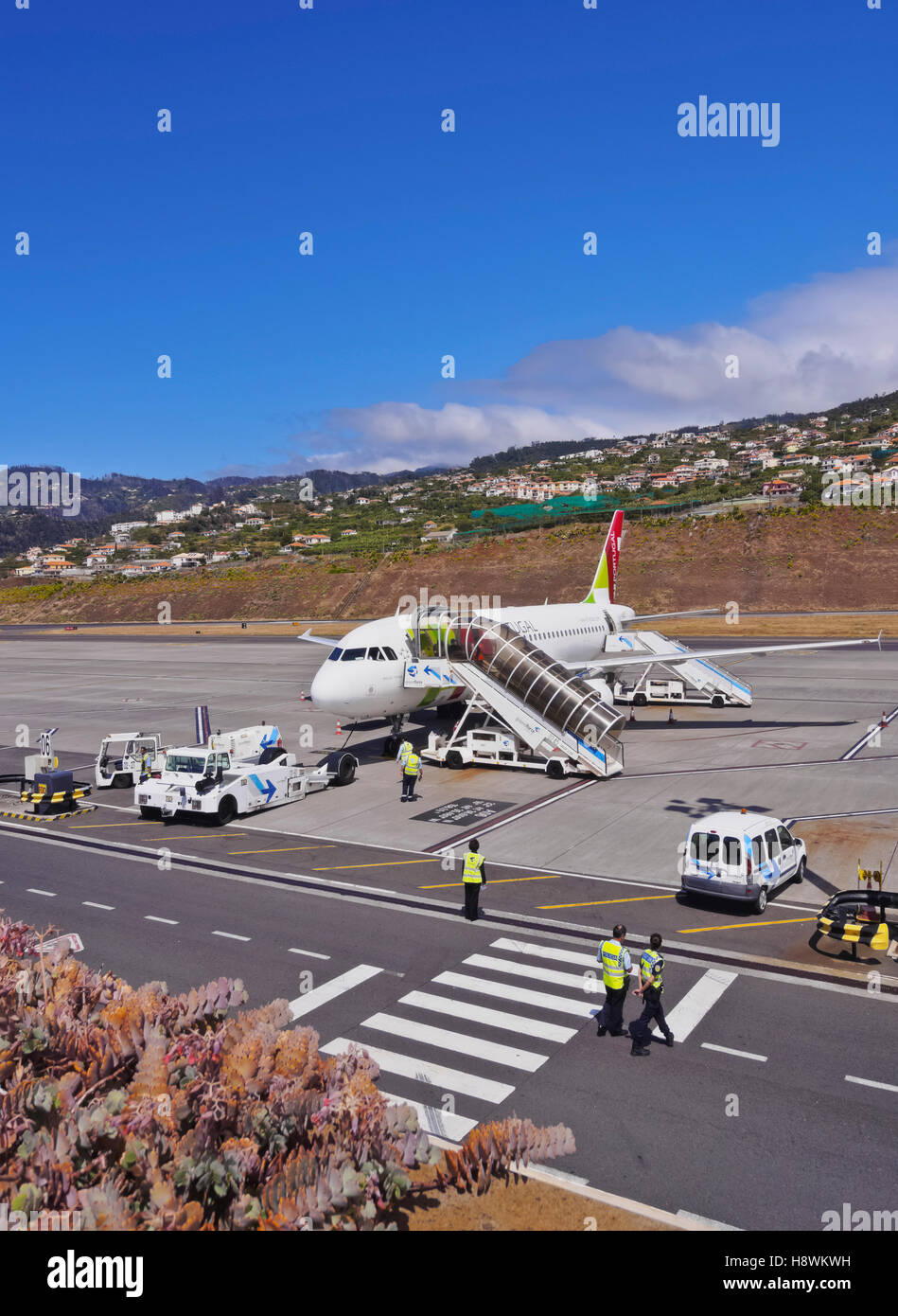 Portugal, Madeira, TAP Portugal plane at the Madeira Airport. Stock Photo