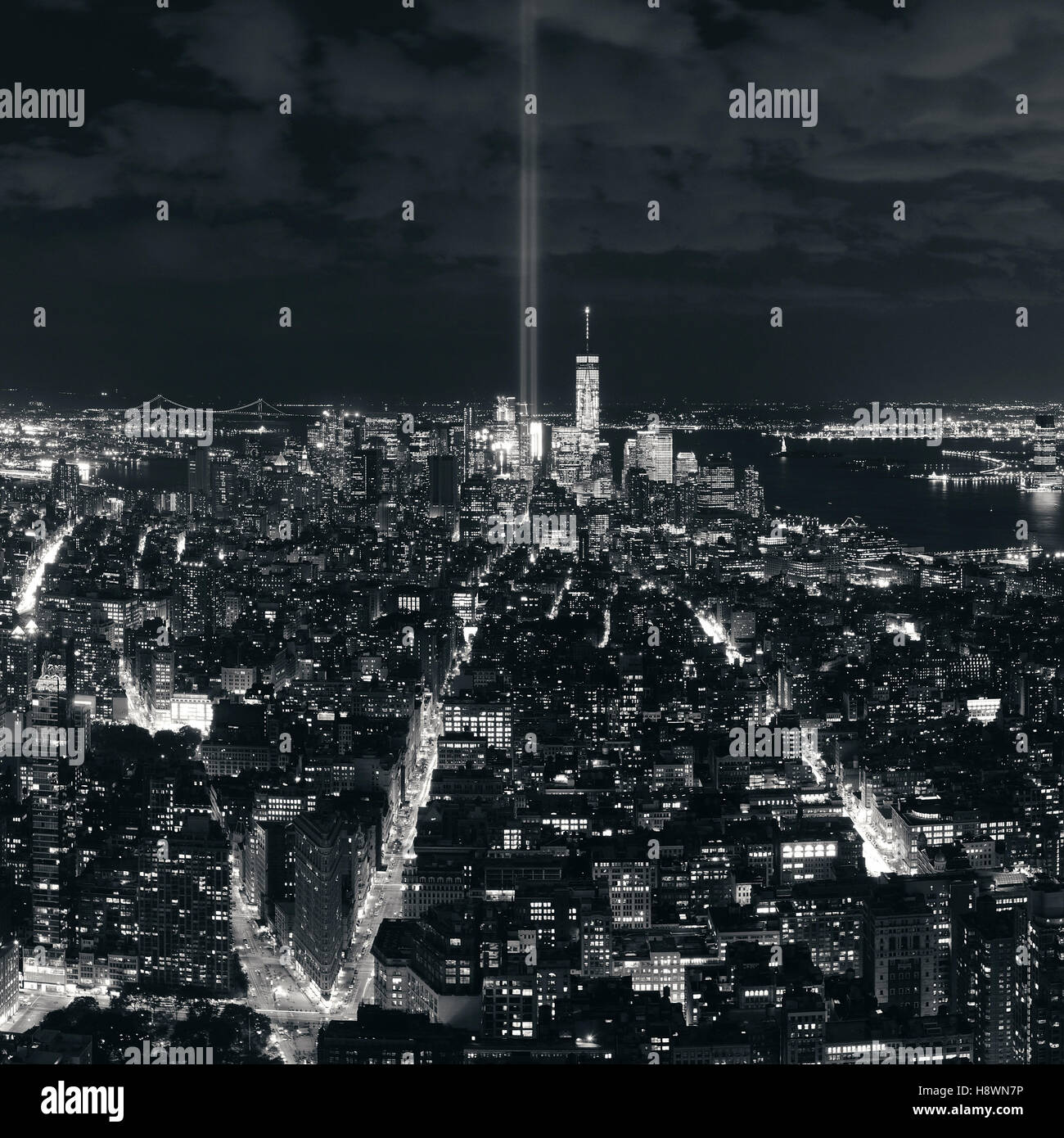 New York City downtown skyline night view and 911 tribute light Stock ...