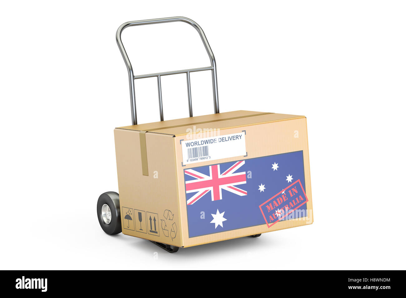 Made in Australia concept. Cardboard Box on Hand Truck, 3D rendering isolated on white background Stock Photo
