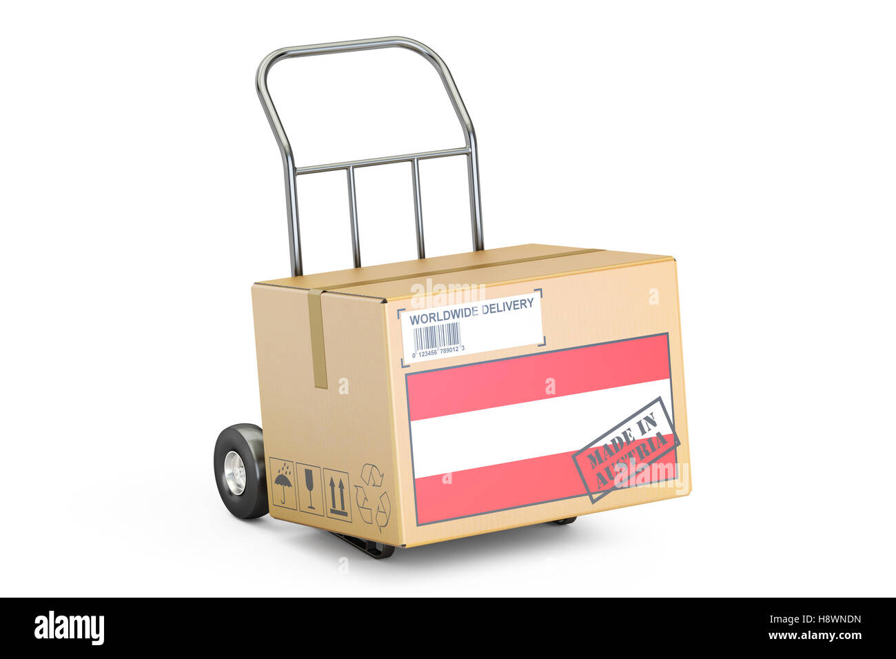 Made in Austria concept. Cardboard Box on Hand Truck, 3D rendering isolated on white background Stock Photo